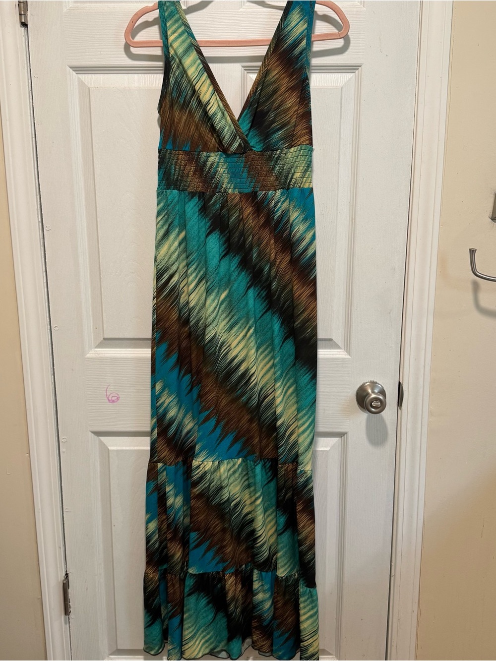 AB Studio Blue Brown Beige Geometric Maxi Dress Sleeveless V-Neck Size M Boho